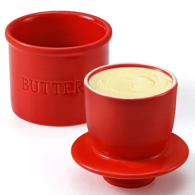 Butter Crock with Lid for Countertop - Ceramic French Butter Dish for Spreadable Soft Butter, Butter Container Holder with a Water Seal, Housewarming Gift, Kitchen and Home Decor, Red