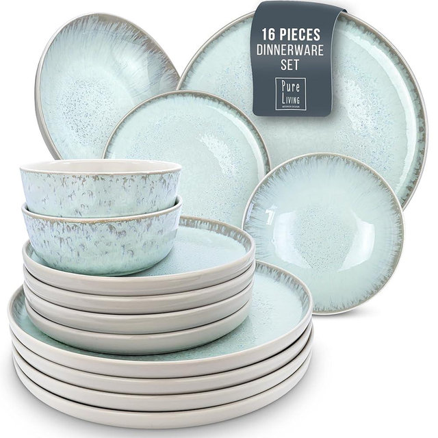 16 Piece Dinnerware Sets for 4 - Modern Style Stoneware Dinnerware Set - Scratch Resistant,Dishwasher,Microwave Safe Plates and Bowls Sets Ceramic,Dish Set, Bowl and Plate Set - Beige and Light Blue