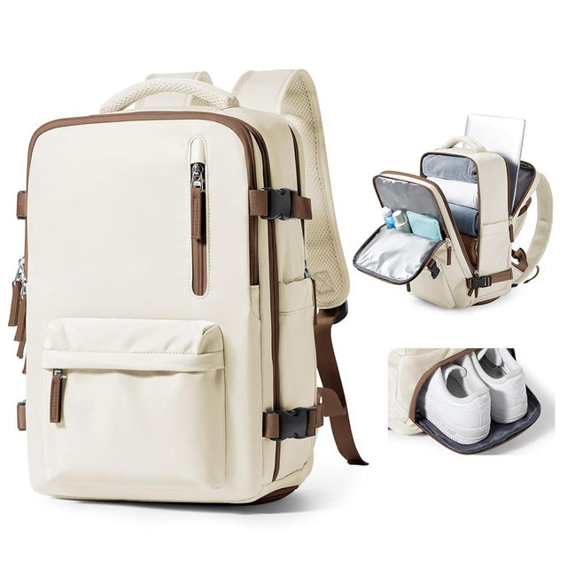 Large Travel Backpack Bag for Women Men,Carry on Backpack,17 Inch Laptop Business Work Waterproof Backpack with Laptop Compartment,Person Item Flight Approved,Mochila de Viaje,Beige with Brown Large