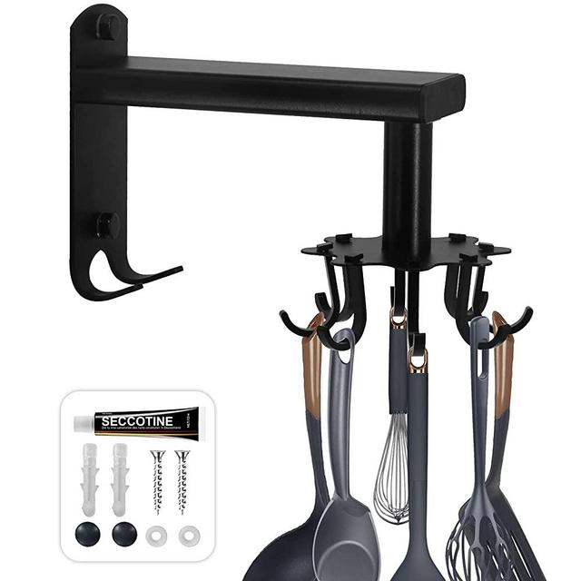 Bjiotun Wall Hooks Heavy Duty , Rotating Utensils Hanger Space-Saving Kitchen Rack Wall Organizer with 8 Removable Hooks & 2 Hanging Hooks Black for Spatula Spoon Cup Towel Key