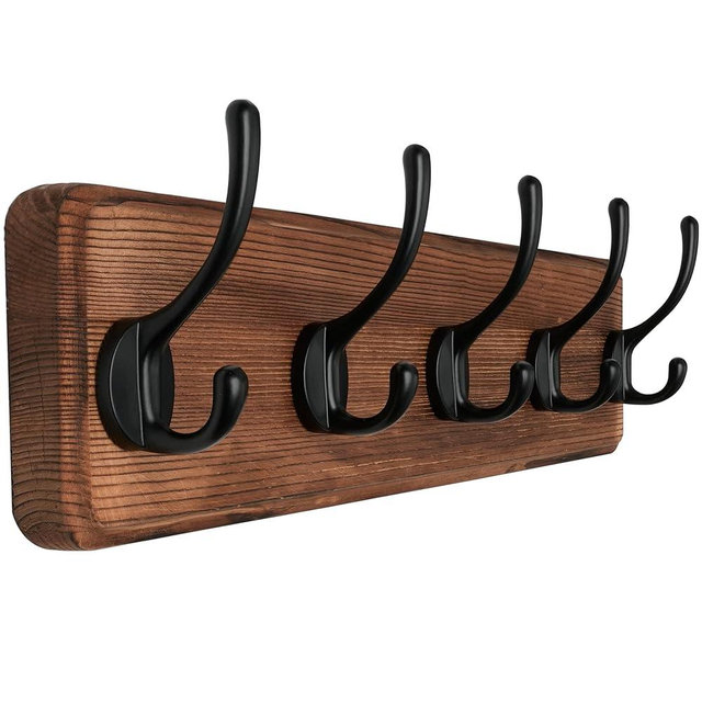 SKOLOO Rustic Wall Mounted Coat Rack,16-inches Hole to Hole, Pine Solid Wood Coat Hook Hanger - 5 Hooks for Hanging Clothes Robes Towels Coats