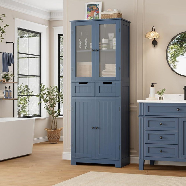 HORSTORS 67" Tall Bathroom Storage Cabinet, Freestanding Storage Cabinet with Glass Door and Shelves, Kitchen Pantry with 2 Drawers for Bathroom, Living Room, Dining Room, Blue