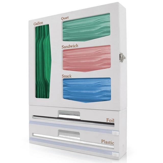 Ziplock Bag Organizer - Bamboo Dispenser with Cutter for Foil & Plastic Wrap. 6-in-1 Wall Rack/Storage Organizer for Drawer. 2-Section Customizable Kitchen Storage. Easy Open/Close. White