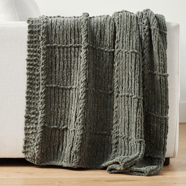 Chenille Windowpane Throw Blanket, 50" x 60", Loden