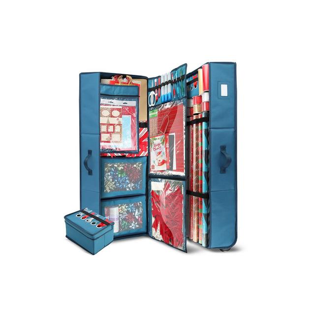 Hearth & Harbor Holiday Wrapping Paper Storage Container with Wheels and Extra 2 PC of Christmas Storage Bins and Ribbon Organizer
