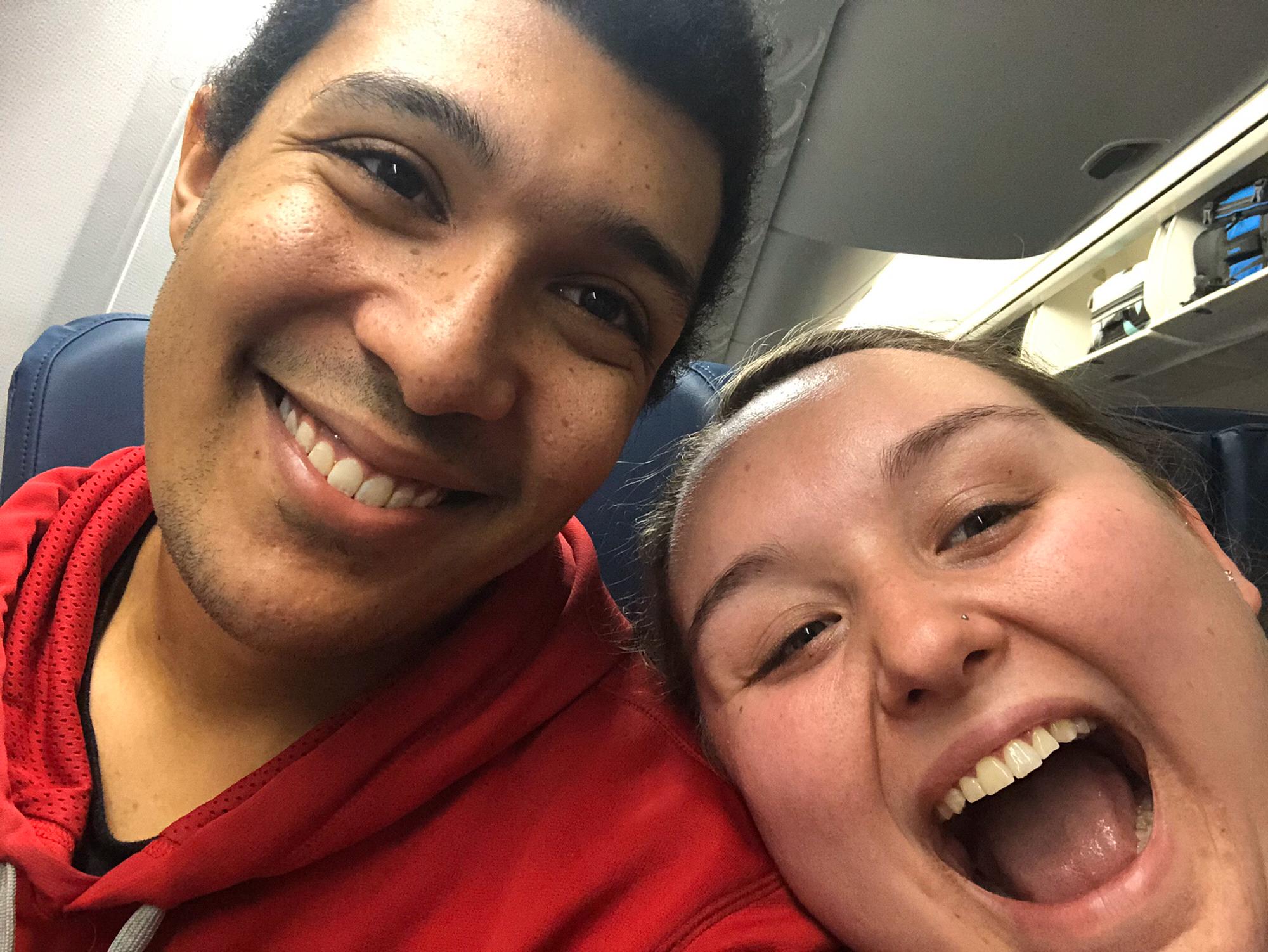 on our flight to London (where we got engaged). We were pumped!