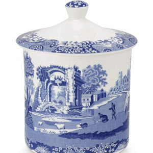 Spode Blue Italian Porcelain Kitchen Storage Jar - 7.5 Inch Airtight Food Container with Decorative Countryside Scene - Dry Goods Canister for Pantry or Counter, Kitchen Organization Tools