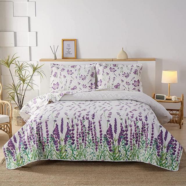 Floral Quilt Bedspread Set Twin Size, 3 Piece Purple Flower Leaf Bedding Coverlet Set Soft Lightweight Bedspread Set with 2 Shamcases for All Season