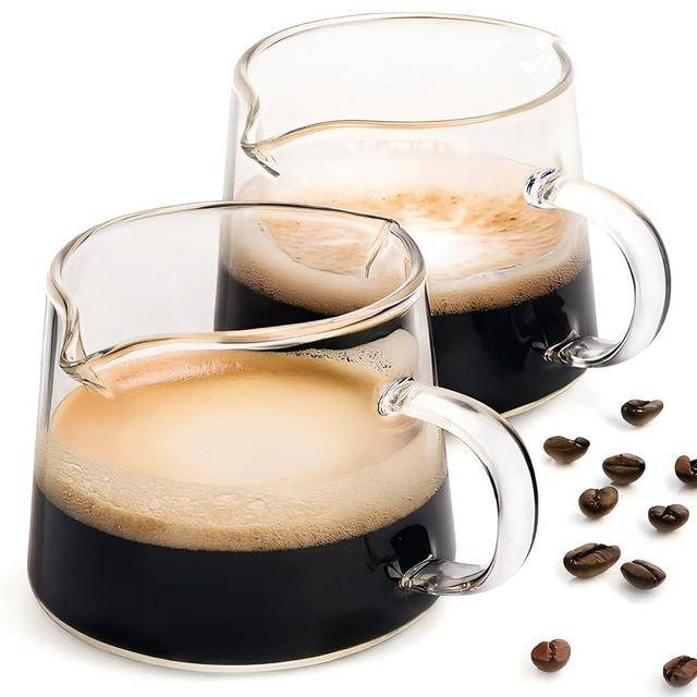 MITOJOSYEER 4 Oz Espresso Cups, Shaped Double Spouts with Handle Glass Coffee Cups Small Espresso Accessories for Machine Set of 2