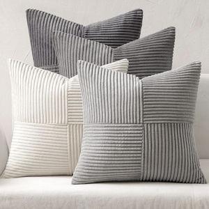 MIULEE Neutral Grey Decorative Throw Pillow Covers 18x18 Inch Set of 4 Modern Farmhouse Corduroy Cushion Cases Striped Patchwork Pillow Cases for Couch Sofa Bedroom Home Decor