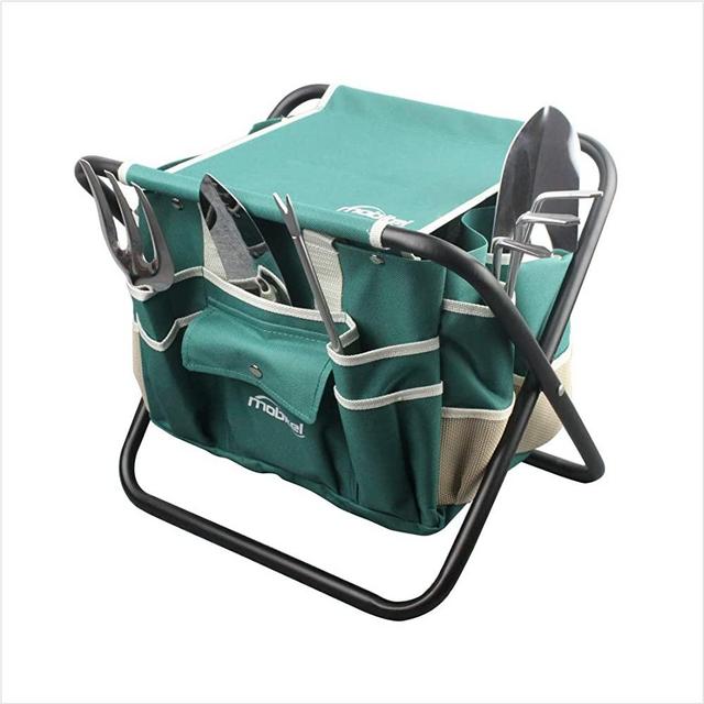 haoyin Garden Tools Sets- Heavy Duty Gardening Gift Tool Kit Including Folding Stool with Tool Bag 5 Sturdy Stainless Steel Tools(Gardening Trowel Trans-Planter Weeder & Rake) for Women Men