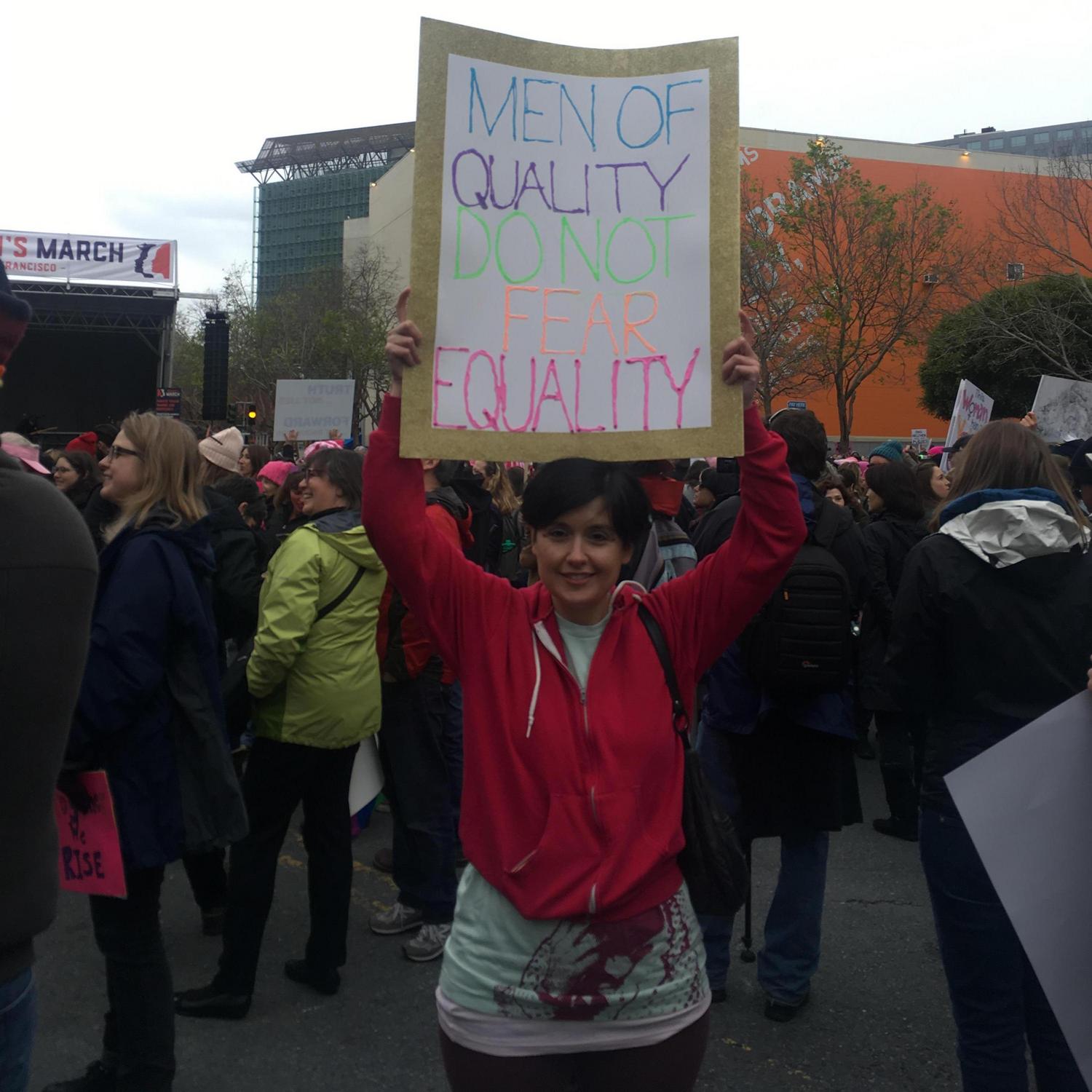 Rocky at the Women's March. Not featured: Our matching Kurt and Courtney handmade, screen printed shirts.