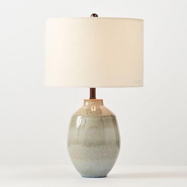 Ezra Ceramic Table Lamp, Reactive Glaze, Small with Small White Textured SS Gallery Shade