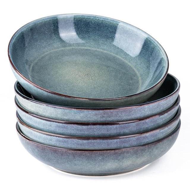 AmorArc 8.5'' Large Ceramic Pasta Bowls Set, 36oz Stoneware Bowls Set of 6 for Kitchen, Reavtive Glaze Bowls-Microwave,Dishwasher Safe for Pasta,Salad,Oatmeal-Ceylon Blue