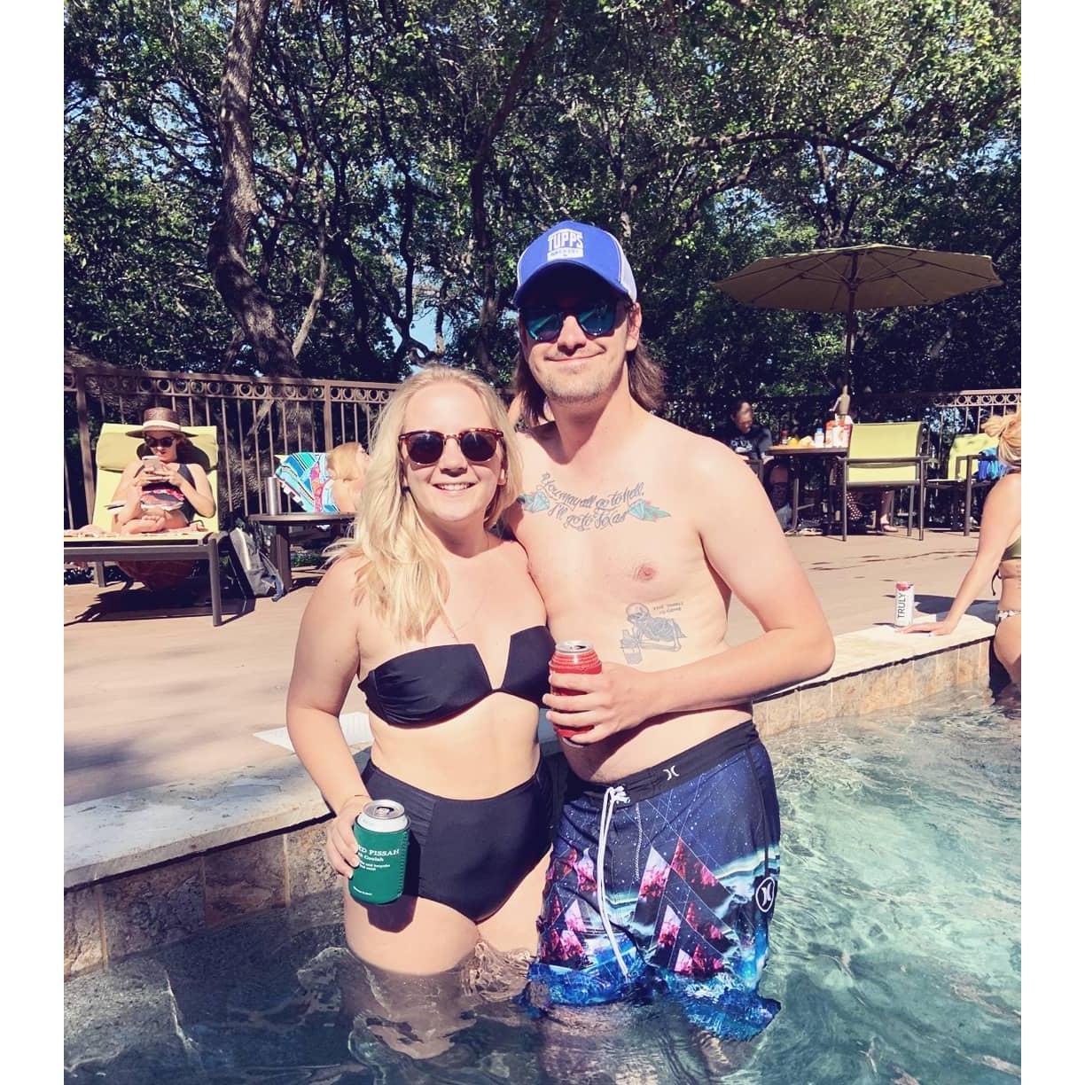 Our favorite place is the pool at our apartment complex surrounded by friends and good beer.