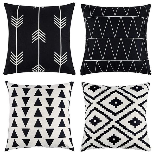 Tosewever Set of 4 Decorative Geometric 18 x 18 Inches Throw Pillow Covers - Modern Pattern Linen Square Pillow Cushion Case for Sofa Couch Bed Home Outdoor Car (18" x 18", Black)