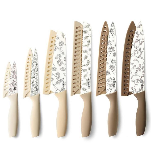 CAROTE 12PCS Knife Set, Kitchen Knife Set with 6 Blade Guards, Stainless Steel Knife Set With Nonstick Ceramic Coating, Rustproof, Delicate Floral Designs, White
