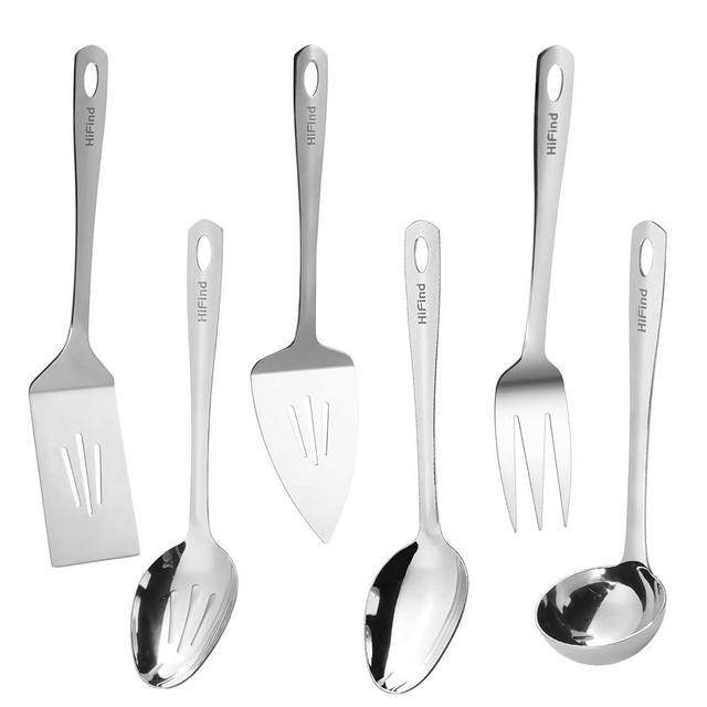 HIFIND Serving Utensils Set, Stainless Steel Serving Utensils 6 PCS, Durable Heavy Duty Serving Ladle, Solid Serving Spoon, Slotted Serving Spoon, Slotted Turner, Cake Server, Serving Fork