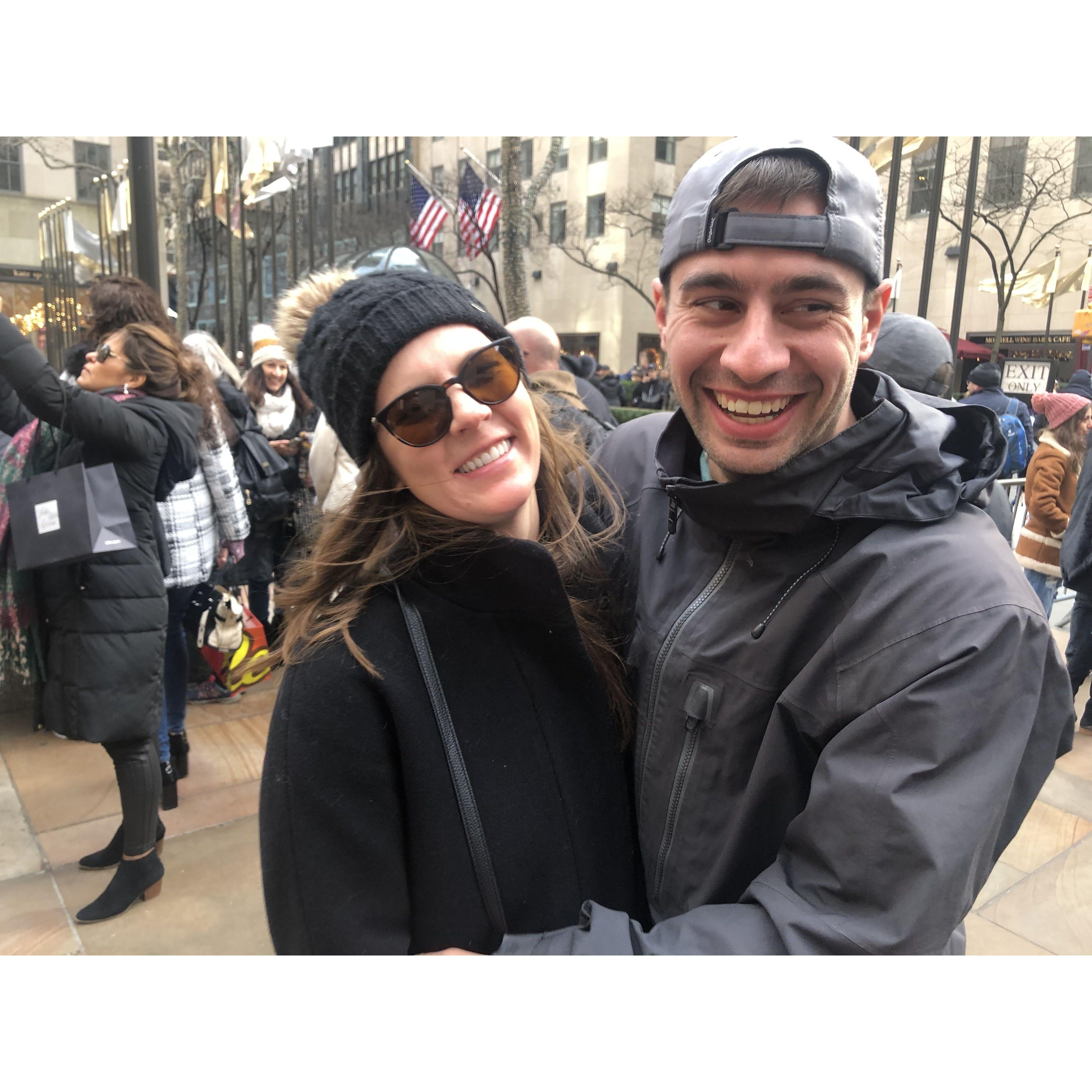 Our first picture together post fake proposal in Rockefeller Plaza 2019