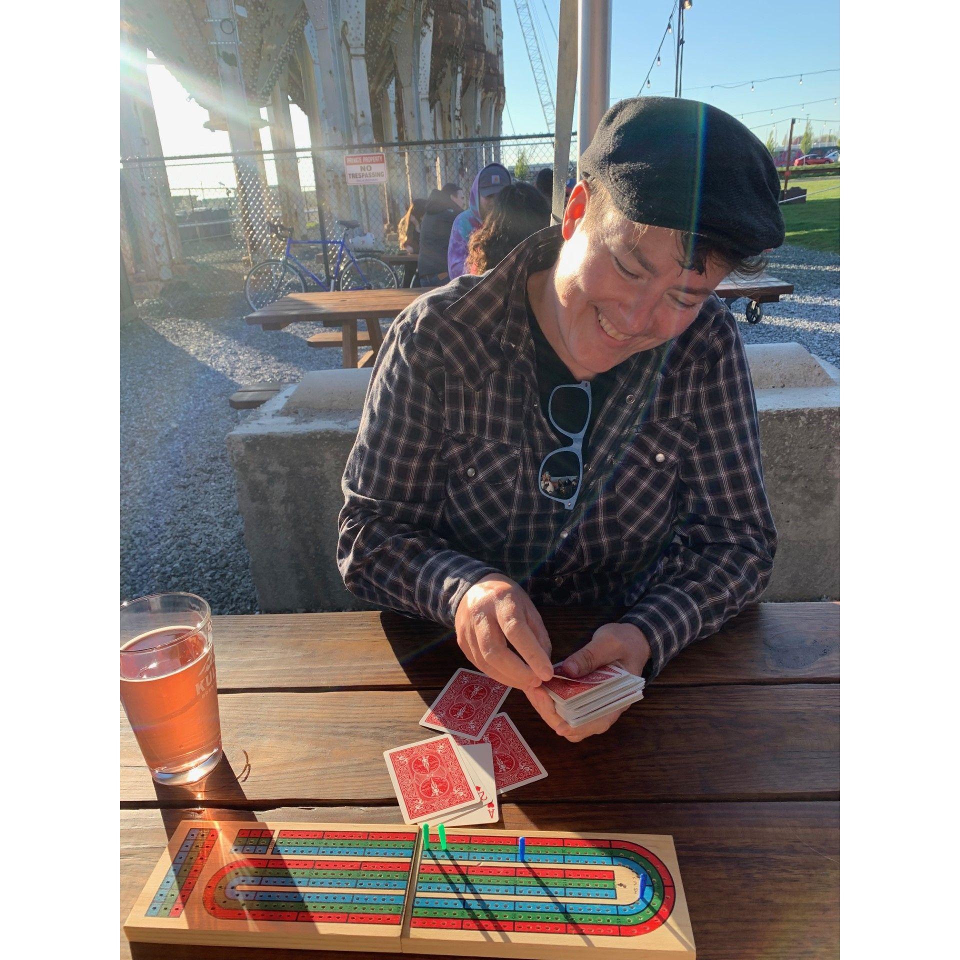 Beer and cribbage - sounds about right.