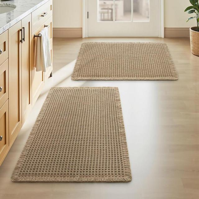 Upgraded Waffle Bath Mats Set of 2, Super Absorbent Non Slip Bath Mats for Bathroom Floor, Washable Boho Bathroom Rugs Set 2 Piece with Tassels, Soft Bathroom Mat Set, 17" x 24" (2 Pack), Brown