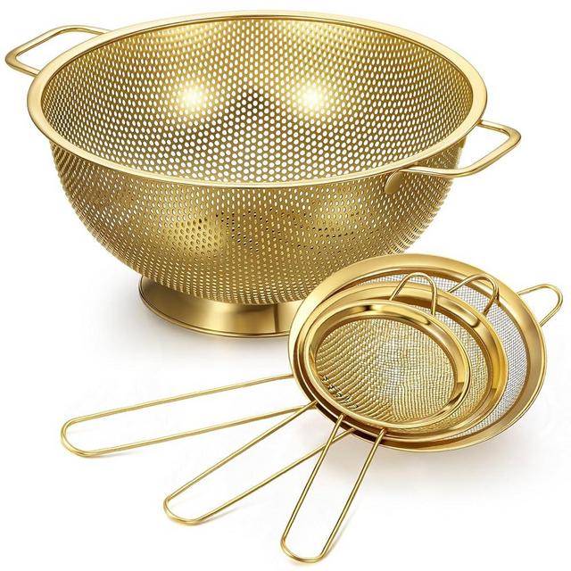 Norme 7 Quart Stainless Steel Gold Colander and 3 Pcs Gold Fine Mesh Strainer, Stainless Steel Pasta Rice Food Metal Strainer with Handles, Easy Clean and Dishwasher Safe