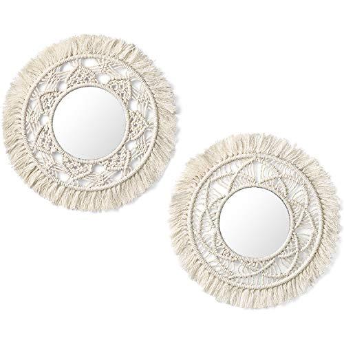 Mkono Hanging Wall Mirror with Macrame Fringe 2 Set Small Round Decoratic Boho Antique Mirror for Apartment LivingRoom Bedroom Baby Nursery,Beautiful Gift Ideas