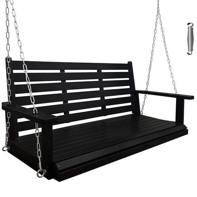 Wooden Porch Swing 2-Seater, Ergonomic Seat, Bench Swing with Hanging Chains and 7mm Springs, Heavy Duty 800 LBS, for Outdoor Patio Garden Yard, Dark Night Black