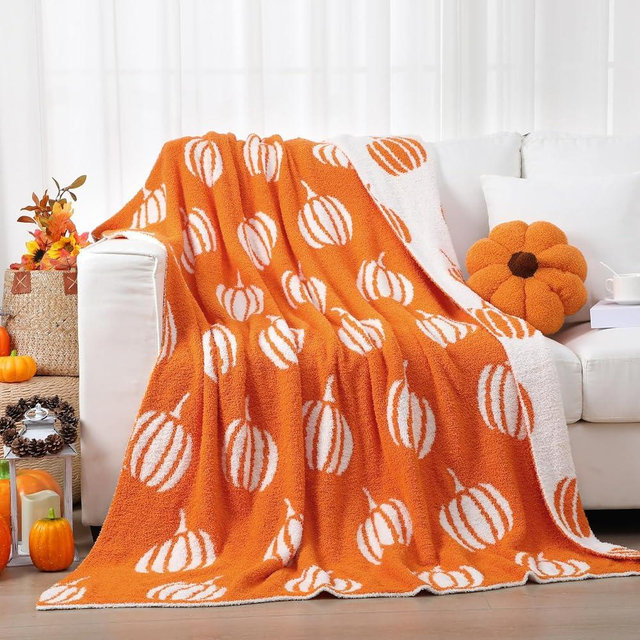 Buryeah Thanksgiving Pumpkin Knit Throw Blanket, 50 x 60 Inch Fall Autumn Halloween Reversible Knitted Soft Throw Blanket, Orange and White Cozy Lightweight Gift for Couch Sofa Bed
