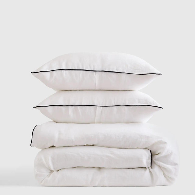 European Linen Piped Duvet Cover Set - White/Black, Full/Queen