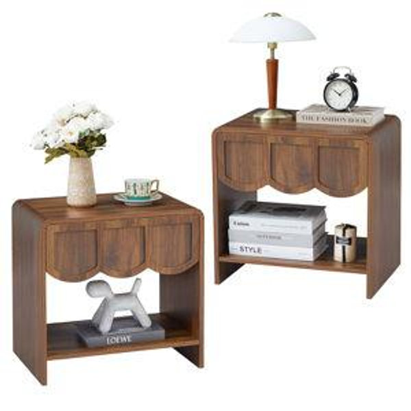 Night Stand Set of 2, Mid Century Modern Farmhouse Wood Nightstand with Wave Panel Drawer, Bed Side End Table for Small Space, Living Room - Walnut