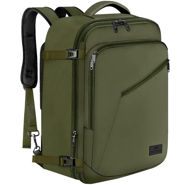 MATEIN Expandable Air Travel Backpack, Light Weight Carry on Backpack with Trolley Sleeve, Water Resistant Daypack for Hiking, Gifts for Men who Like to Travel, Dark Green