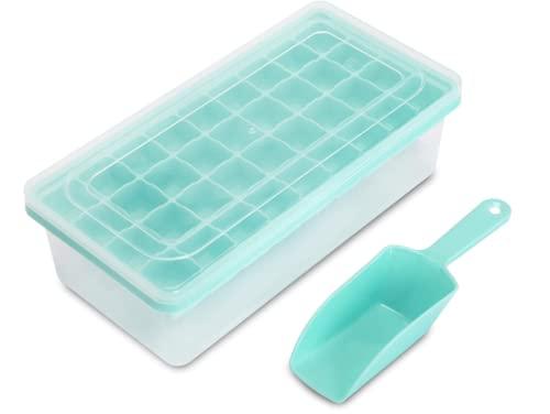 Ice Cube Tray With Lid and Bin- Silicone Ice Tray For Freezer | Comes with Ice Container, Scoop and Cover | Good Size Ice Bucket (Aqua Green)