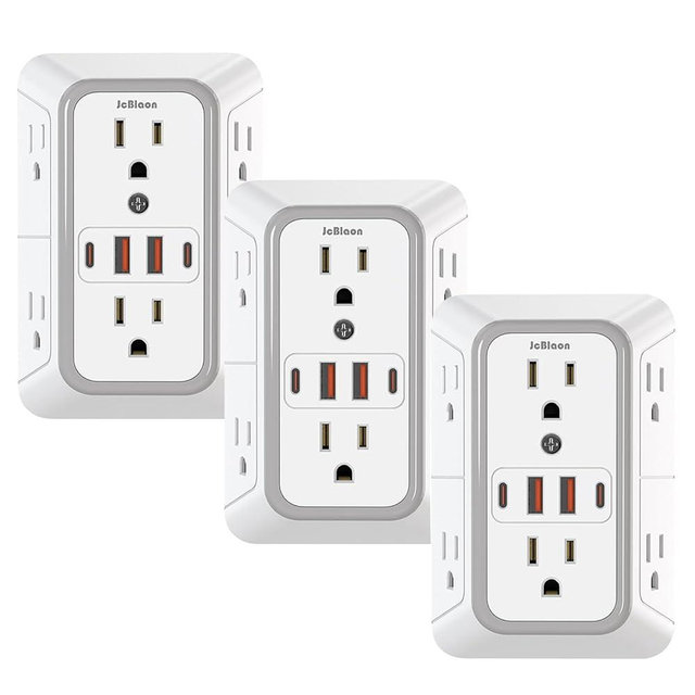 3 Pack Surge Protector Outlet Extender, 6 Outlet Splitter with 4 USB Ports (2 USB C), Multi Plug Wall Outlet 1050J Power Strip, USB Wall Charger for Home Office Kitchen Travel