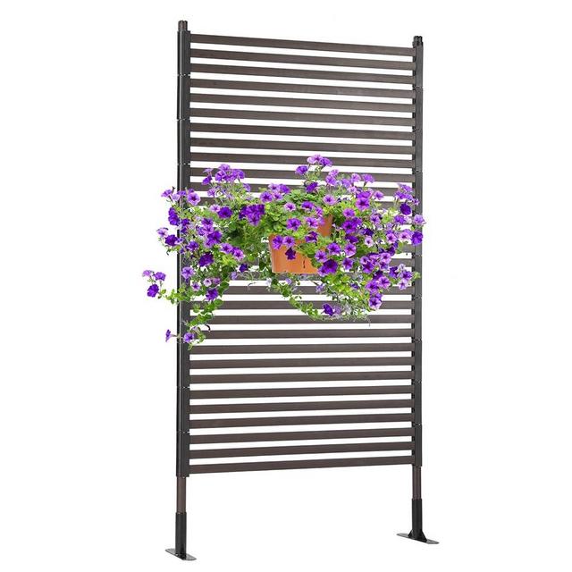 Metal Outdoor Privacy Screen with Stand, 3 ft W x 6 ft H PE-Coating Steel Pipes and Slats Panels, Decoative Privacy Screen Fence Panels Freestanding for Outside Patio Garden Backyard, Brown