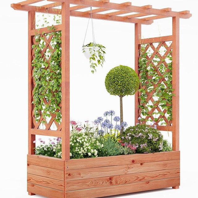 Elevated Wooden Garden Bed with Trellis - 45 Inch Planter Box with Side Supports, Canopy, and Drainage Holes – Perfect for Climbing Plants, Vines, and Blossoms