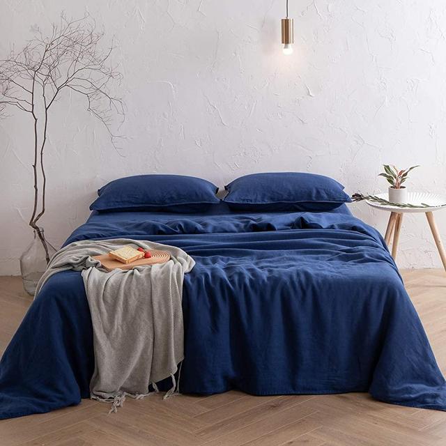 Bedding Duvet Cover Set Linen - 100% French Flax Washed Bed Sets Farmhouse Comforter Cover Set (1 Duvet Cover and 2 Pillow Shams) (Navy Blue, King)