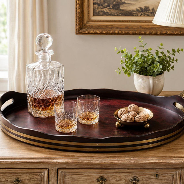 Vintage Oval Serving Tray with Brass Bands, Decorative Wooden Bar Tray