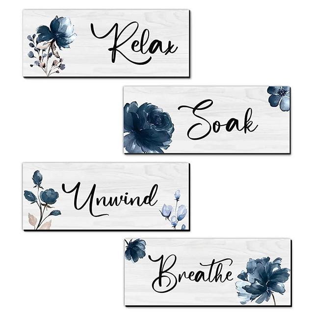 4 Pieces Bathroom Wall Art Rustic Farmhouse Bathroom Wall Decor Sign Relax Soak Unwind Breathe Wood Hanging Sign for Home Spa Bathroom Laundry Decor