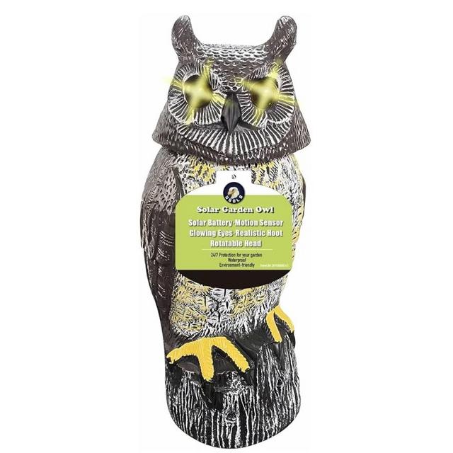 Solar Powered Owl with Motion Detection, Silent Mode, Flashing Eyes, Rotatable Head and Realistic Hoots, Plastic Owl Decoration for Home, Garden, Patio and Fence