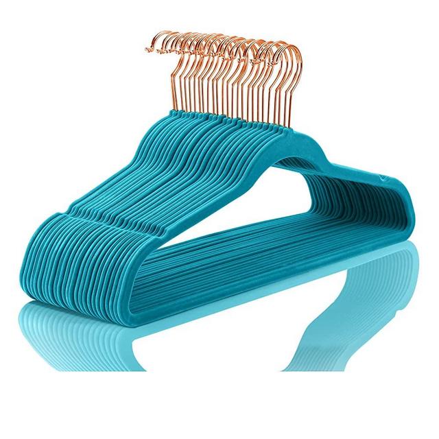 MIZGI Premium Velvet Hangers (60 Pack) Heavyduty - Non Slip Felt Hangers - Velvet Suit Hangers Teal - Copper/Rose Gold Hooks,Space Saving Clothes Hangers