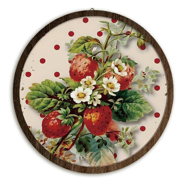 BIWSHA Vintage Strawberry Wooden Wall Art Decor, Retro Cottagecore Strawberry Fruit Round Wall Hanging Decor for Kitchen Home Bedroom Living Room, 10 Inch Diameter