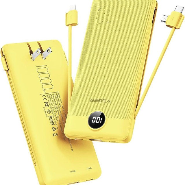 VEGER Portable Charger Power Bank with Built-in AC Plug and Cables, All in One 10000mAh Ultra Slim Travel Essentials, Fast Charging Battery Pack Compatible with iPhone, Samsung, Android, Yellow
