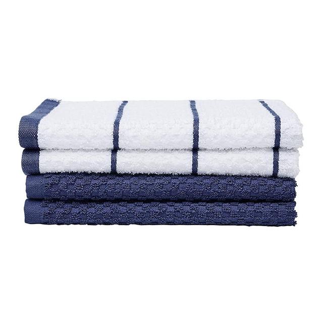 Amazon Basics 100% Cotton Terry Kitchen Dish Towels, Popcorn Texture - 4-Pack, Navy Stripe