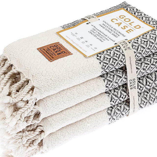 GOLD CASE Aphrodite Original Turkish Hand Towels Set of 4 - 20x40 100% Cotton Decorative Towel - Bathroom and Kitchen Peshtemal for Hand, Face, Hair, SPA, Yoga, Gym, Tea and Dishcloth, Grey
