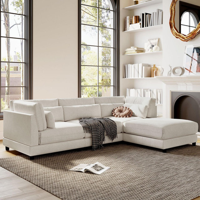 110.5" L-Shaped Sofa with Removable Ottomans and Comfort Lumbar Pillow, Beige - ModernLuxe