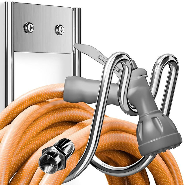 Josmimic Stainless Steel Garden Hose Holder - Silver SS304 Water Hose Holder - Wall Mounted Hose Hanger Heavy Duty for Water Hose Extension Cords Vacuum Hose, Anti-Rust (1 Pack)