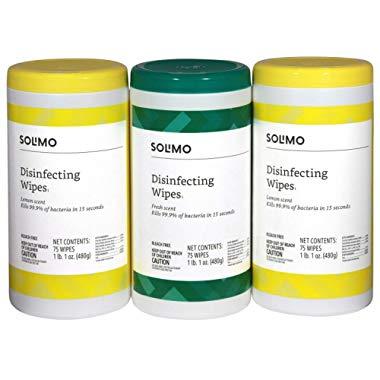 Amazon Brand - Solimo Disinfecting Wipes, Lemon Scent & Fresh Scent, 75 Wipes Each (Pack of 3)