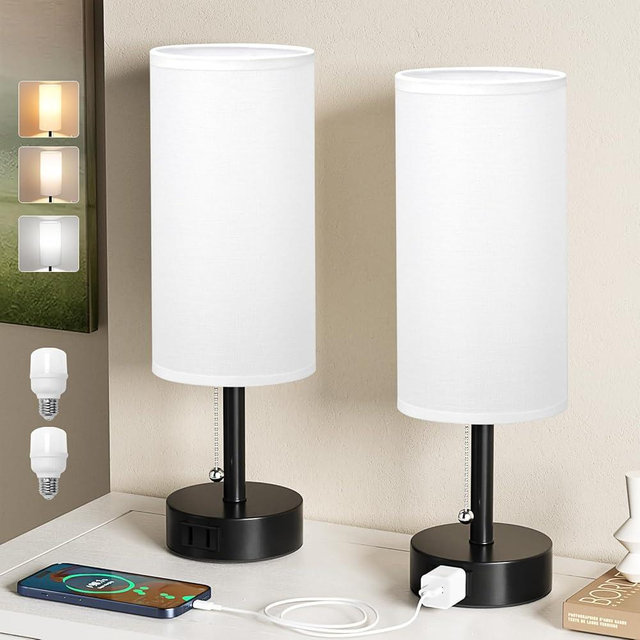 Fenmzee White Bedside Table Lamps Set of 2-3 Color Temperatures Pull Chain Lamp with AC Outlet Charging Port, Round Night Stand Lamps for Bedroom Office, Small Bed Side Light with E26 LED Bulbs