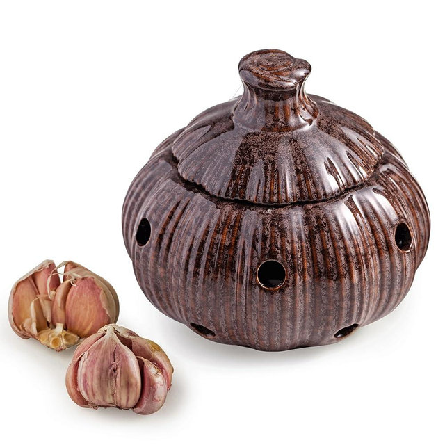 Cormomu Ceramic Garlic Keeper with Lid, Large Garlic Storage Pod, Garlic Container for Kitchen Counter